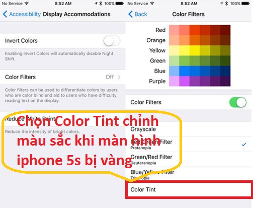 man hinh iphone 5s bi vang color tint